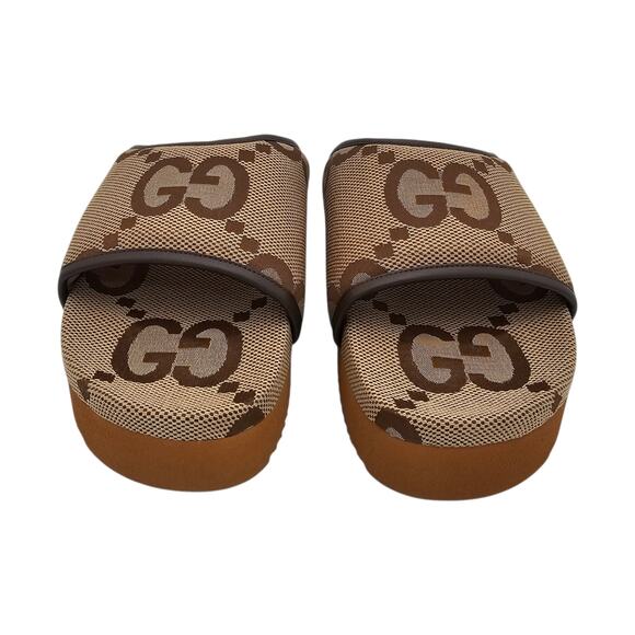 Gucci GG Jumbo Monogram Platform Slide Sandal Brown Tan Canvas Size 42 US 12 - Picture 3 of 13